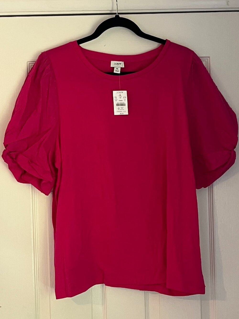 NWT J. Crew Hot Pink Crewneck Top with Puff Sleeves